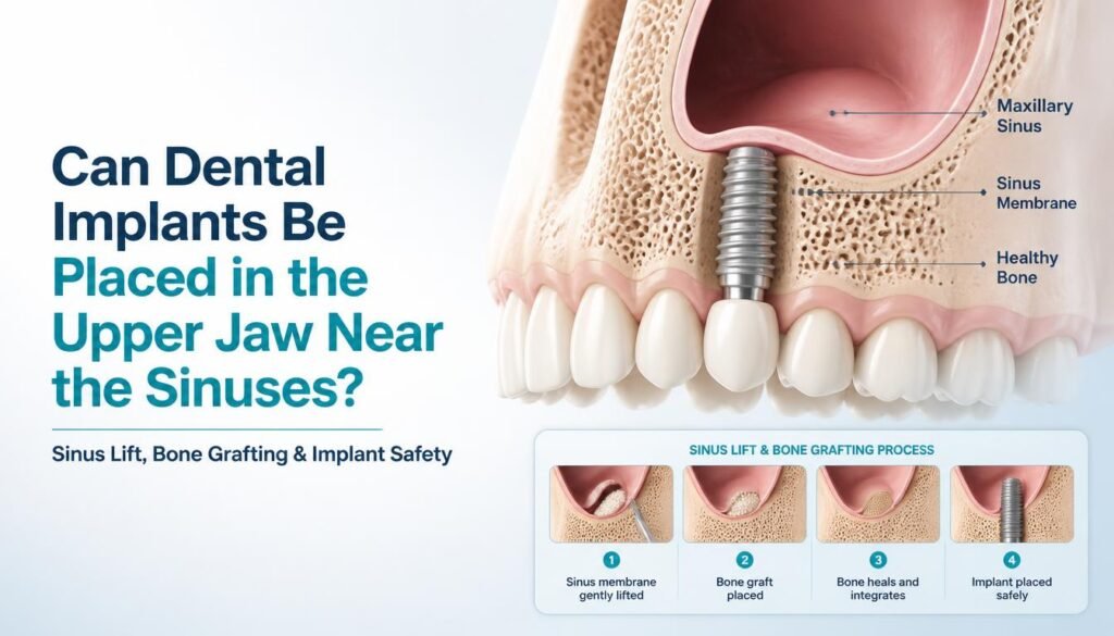 Can dental implants be placed in the upper jaw near the sinuses?